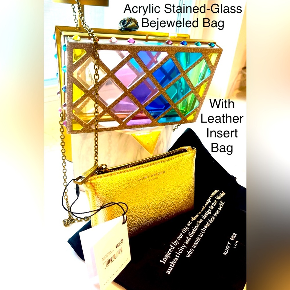 Kurt Geiger NWT Acrylic Stained Glass-like & Jeweled Bag w/Zip Gold Insert Bag